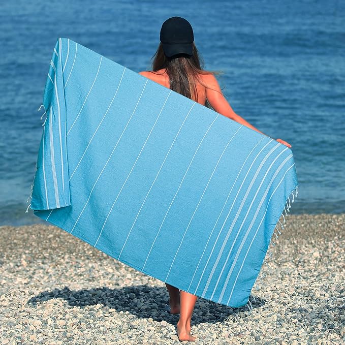 HILLFAIR Cotton Turkish Beach Towels, Quick Dry Lightweight Sand Free Peshtemal Towel for Bath Swim Yoga Pool Travel, Beach Accessories, Oversized Cotton Turkish Towels (39 x 72 inch- 4 Pack Sky)