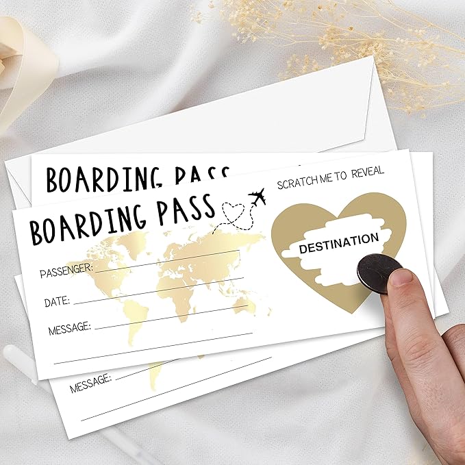 AWSICE Scratch Surprise Boarding Pass, 1 Set Make Your Own DIY Travel Ticket, Surprise Reveal Card for Holiday, Christmas, Wedding, Birthday, Anniversary, Party Supply(3.5"x8" Gold)-A001