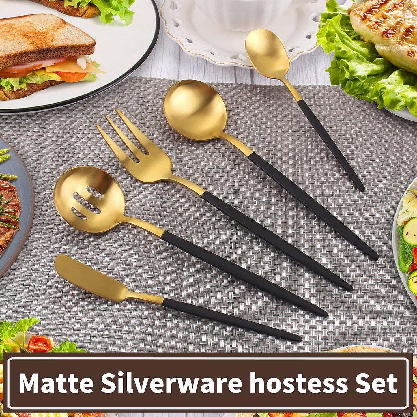 Matte Black Gold Serving Silverware Set, 5-Piece Round Shared Utensils Set of Stainless Steel, Hostess Flatware Serving Set, Satin Finish, Dishwasher Safe