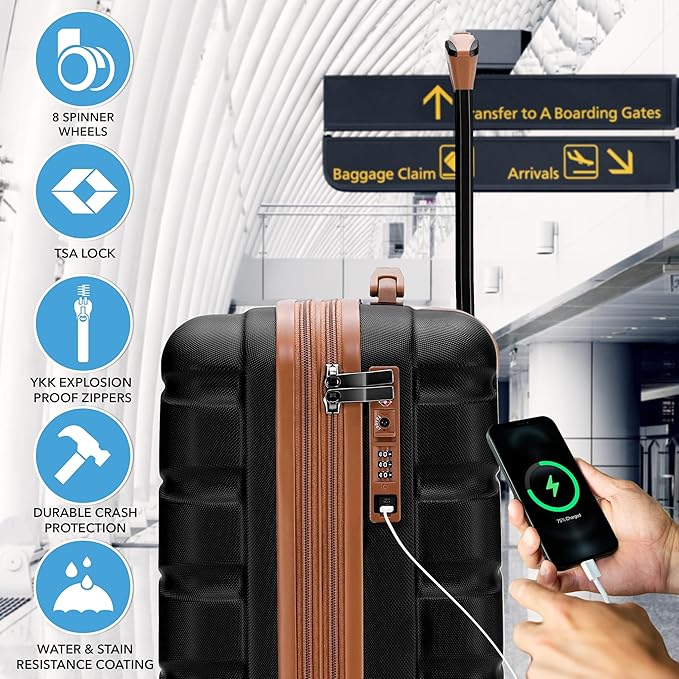 Flight Knight 21.5x15.5x9 Expandable Carry On Suitcase Hardside TSA Lock & USB C Port Lightweight Luggage Silent Double Spinner Wheels Maximum Canada Air Overhead Bag Airlines Approved Black/Tan