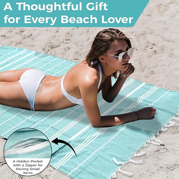 Turkish Beach Towel with Hidden Zipper Pocket 100% Cotton Oversized 72 x 37 Inches Quick Dry Sand Free Lightweight Compact for Beach, Pool, Travel, Bath, and Yoga (Light Turquoise)
