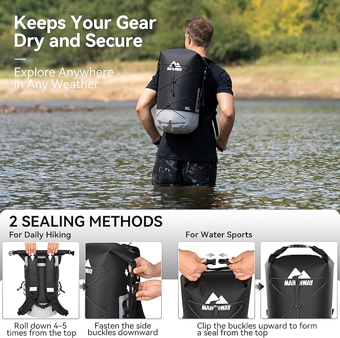 MARCHWAY Floating Roll Top Dry Bag, Flexible Lightweight TPU Waterproof Backpack 20L/30L/40L with Padded Straps for Boating, Kayaking, Swimming, Hiking, Beach (Black, 30L)