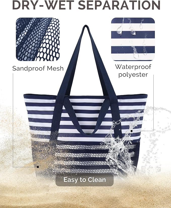 HOMESPON Beach Bag Large Waterproof Sandproof Foldable Tote for Women with Zipper Mesh Pockets for Pool Swim Travel Everyday