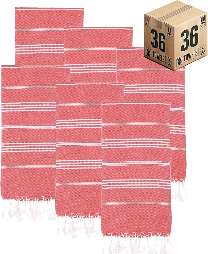 Turkish Beach Towels, Bulk Case of 36 | Oversized, Quick Dry, Sand Free | 100% Cotton, Large 38x71 Towels for Beach, Pool, Travel | Ultra-Soft, Compact, Absorbent | Red