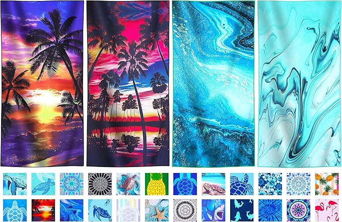 4 Packs Lightweight Thin Microfiber Beach Towel Oversized Quick Dry Compact Sandproof Clearance Towels Sand Free Swimming Pool Travel Accessories Essentials Women Adults Sunset Coconut Tree Marble