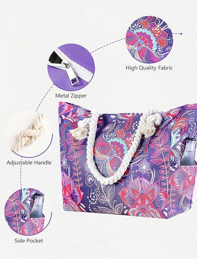 TESALATE Large Canvas Beach Tote Bag Waterproof Sand proof for Women Her Swim,Travel,Shopping,Gym,Cruise Essentials Gear