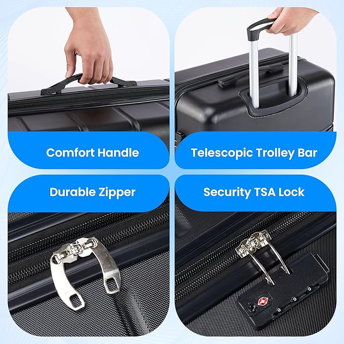 Simple Deluxe 24 Inch Expandable Hardside Carry On with Spinner Wheels & TSA Lock, ABS Hard Shell Lightweight Rolling Luggage Suitcase, Black
