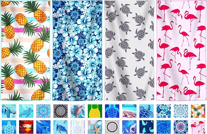 4 Packs Lightweight Thin Microfiber Beach Towel Oversized Quick Dry Compact Sandproof Clearance Towels Sand Free Camping Swimming Accessories Essentials Women AdultsPineapple Flower Turtle Flamingo
