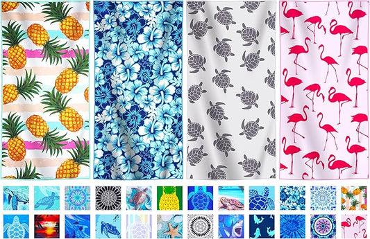 4 Packs Lightweight Thin Microfiber Beach Towel Oversized Quick Dry Compact Sandproof Clearance Towels Sand Free Camping Swimming Accessories Essentials Women AdultsPineapple Flower Turtle Flamingo