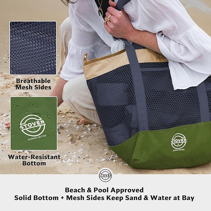 STOVER Extra Large Mesh Beach Bag, Vacation, Pool, Shopping & Travel Tote - Foldable w/Storage Pouch & Pockets for Women, Men