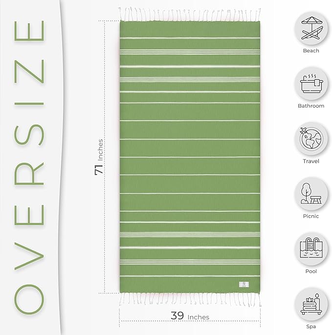 Turkish Beach Towel Absorbent & Lightweight Oversized (39" x 71") - Quick Dry, Versatile and Functional as Yoga Mat, Picnic Blanket, Travel Blanket, Bath, Gym, Camping Towel - Pistachio Green