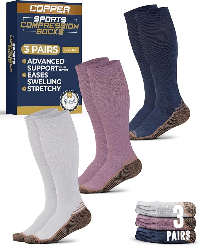 Pembrook 3 Pairs Copper Mens Compression Socks 20-30 mmHg, Running, Hiking, Athletic Cycling, Travel | Circulation Support