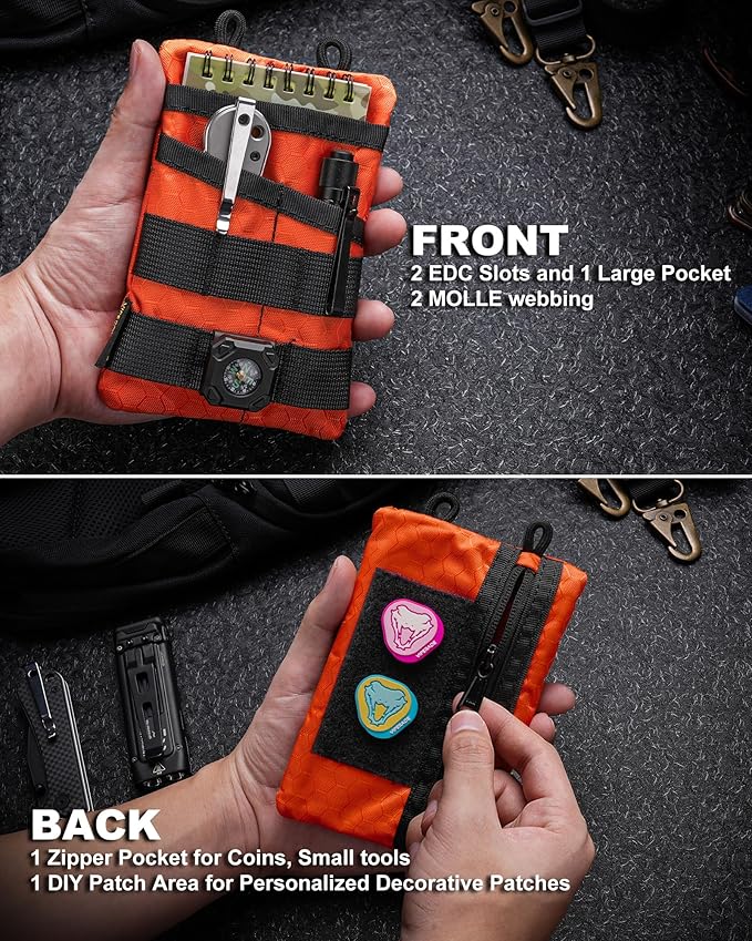 VIPERADE VE3-P Pocket Organizer Pouch, EDC Organizer Men with DIY Patches Area, EDC Pouch with 4 Tool Storage Pocket Pouch for Flashlight, Pocket Knife, EDC Pen, EDC Gear (Orange)