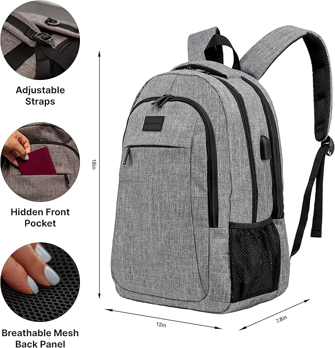 (Not Made In China) Travel Laptop Backpack, Anti-Theft Pocket, Slim Bookbag For College School Business, Holds 15.6 Inch Computer, USB Charging Port
