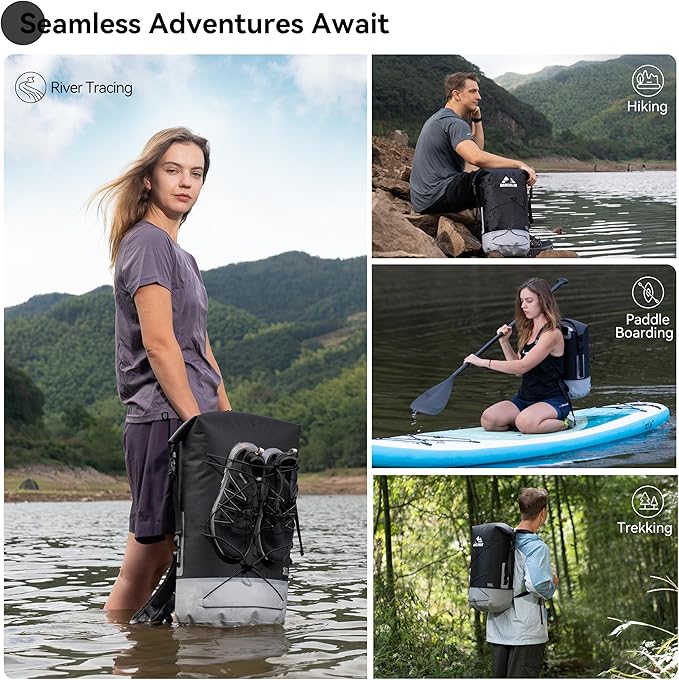 MARCHWAY Floating Roll Top Dry Bag, Flexible Lightweight TPU Waterproof Backpack 20L/30L/40L with Padded Straps for Boating, Kayaking, Swimming, Hiking, Beach (Black, 30L)