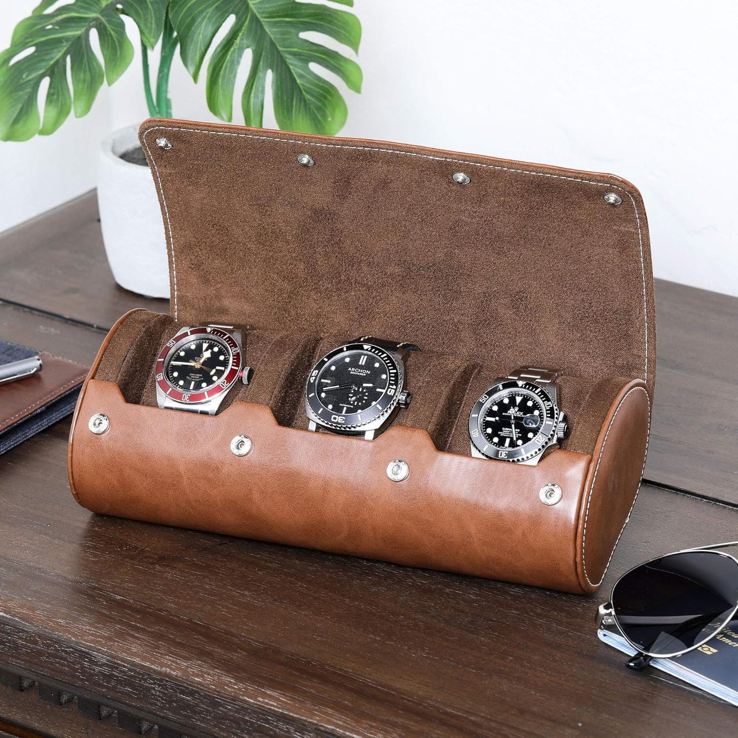 ROTHWELL Watch Roll Travel Case for 3 Watches | Tough Portable Protection, Fits All Wrist Watch & Smart Watches Up to 50mm (Tan/Brown)