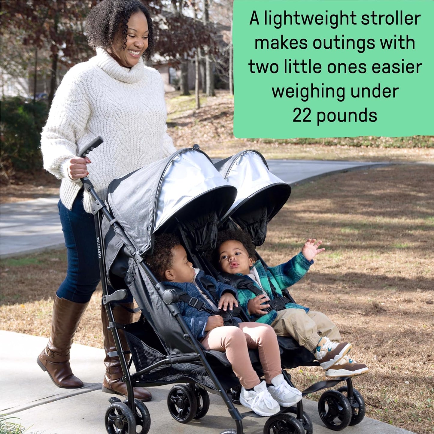 Summer Infant 3Dlite Folding Lightweight Side by Side Double Stroller with 5-Point Safety Harness for Infants and Toddlers, Black