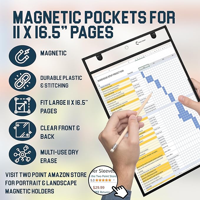 Huge Magnetic Dry Erase Pockets by Two Point (6-Pack) - Portrait - Fits 11 x 16.5 inch Pages, Black Dry Erase Sleeves, Job Shop Ticket Holders, Clear Paper Sleeves Protector, Magnetic Folder Pouch