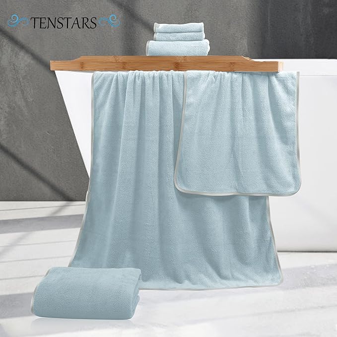 TENSTARS Microfiber Coral Velvet Luxury Silk Hemming Towel Set - Light Teal, 2 Bath Towels, 2 Hand Towels, 2 Washcloths - Ultra Soft, Absorbent, Quick Drying, Easy to Wash