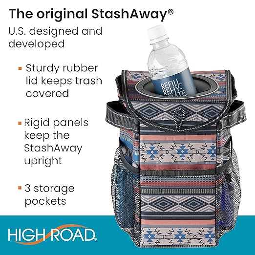 High Road StashAway Heavy Duty Car Trash Can with Rubber Lid, 3 Storage Pockets and Sturdy Panels for Stable Floor or Hanging Seatback Use (Southwest)