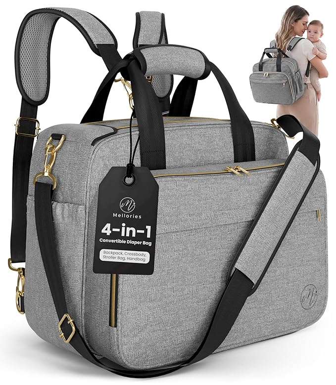 Mellories 4 in 1 Convertible Baby Diaper Bag – Converts from Tote to Backpack, Stroller & Crossbody Diaper Bag – Gray Baby Travel Bag – Gift for Moms