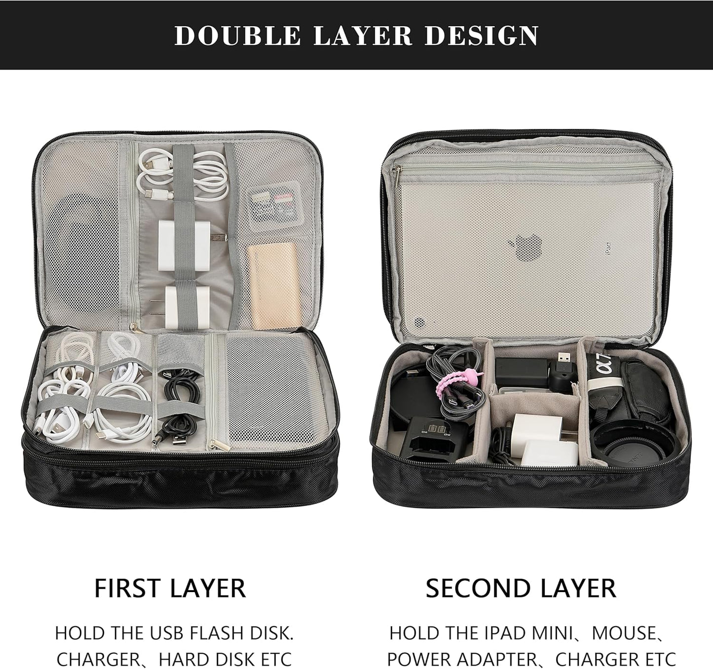 Electronics Accessories Organizer Bag, Waterproof Double LayerTravel Cable Organizer Case for Cords, Charger, Power Bank,Hard Drive, Mouse -Shockproof Tech Storage Pouch (Classic-two layers-Black)
