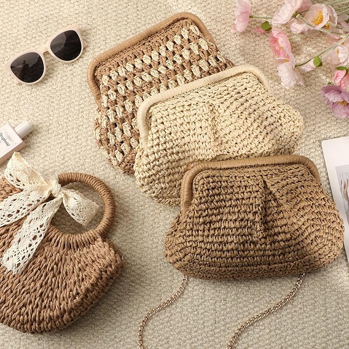 Clothirily Straw Clutch Purses for Women, Cloud Dumpling Woven Bag with Detachable Chain, Beach Crossbody Shoulder Handbag
