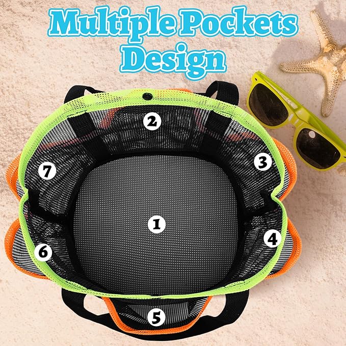 Mesh Beach Bag, Foldable Waterproof Sandproof Beach Storage Tote with 6 Pockets, Swim Tropical Vacation Pool Essential