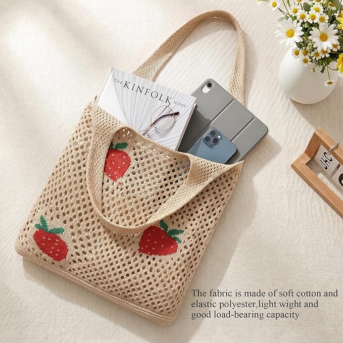 SUOSDEY Crochet Mesh Beach Tote Bag, Knit Summer Vacation Aesthetic Boho Tote Bag for Women