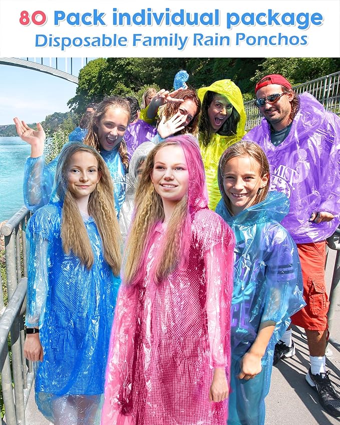 JaGely 80 Pack Disposable Adult Rain Ponchos Bulk Wedding Family Travel Theme Parks Homeless Hooded Elastic Outdoor Raincoat(Multicolor)