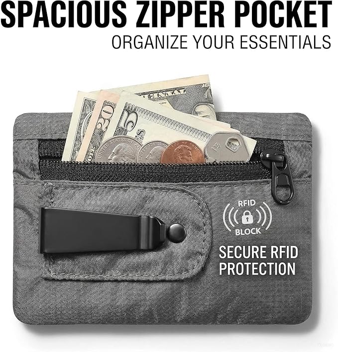 RFID Blocking Clip Stash Pocket, Compact Hidden Travel Belt Wallet for Cards & Cash - Slim Pickpocket-Proof Design for Everyday Carry (Grey, Medium)