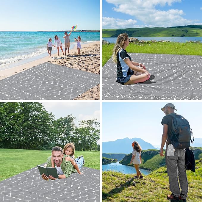 BEW 78''×86'' Large Beach Blanket for 4 Adults, Outdoor Beach Mat Sand Proof Waterproof with 4 Stakes & 4 Corner Pockets, Polyester Lightweight Comapct Grey Picnic Blanket for Travel, Camping, Hiking