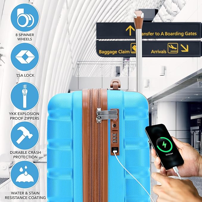 Flight Knight 21.5x15.5x9 Expandable Carry On Suitcase Hardside TSA Lock & USB C Port Lightweight Luggage Silent Double Spinner Wheels Maximum Canada Air Overhead Bag Airlines Approved Turquoise
