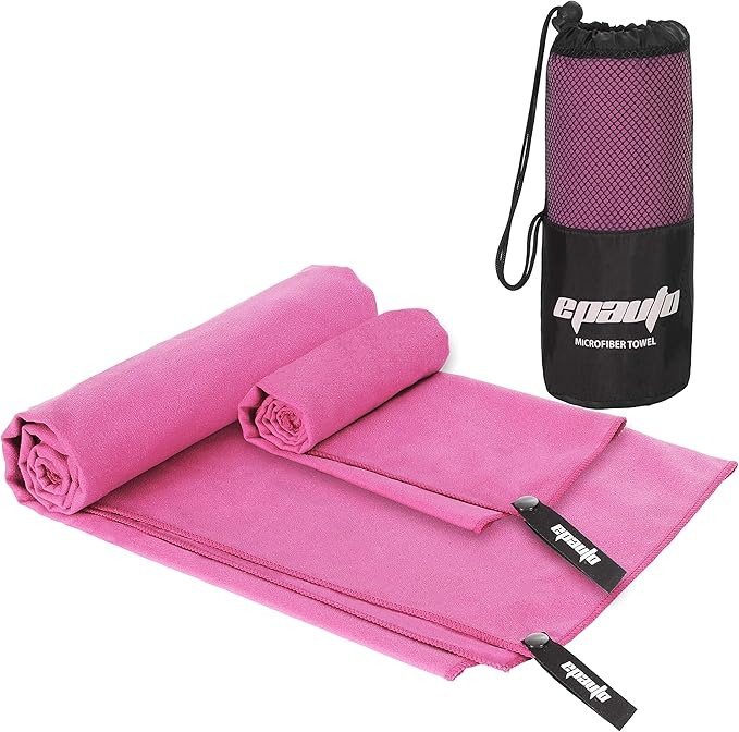 EPAuto Microfiber Fast Drying Towels 2-Pack (60" x 30", 24" x 15") for Travel, Gym, Camping, Beach and Backpacking, Pink