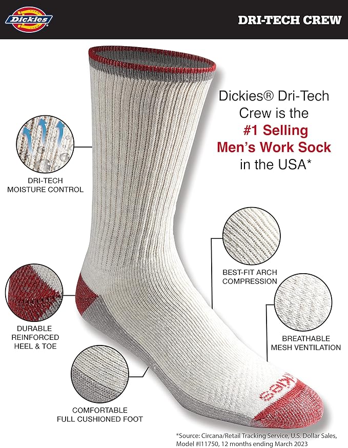 Dickies Men's Dri-Tech Original Moisture Control Crew Socks, Available in M-XXL (6, 12, 18 Pairs)