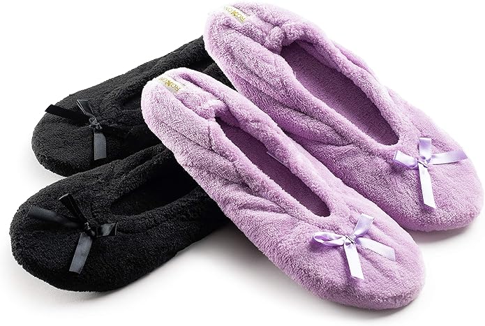 Roxoni Women's Terry Classic Cotton & Velour Ballerina Slippers (Pack of 2)