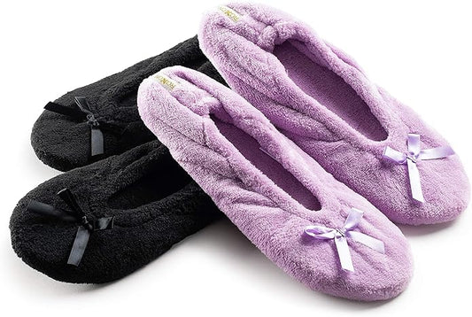 Roxoni Women's Terry Classic Cotton & Velour Ballerina Slippers (Pack of 2)