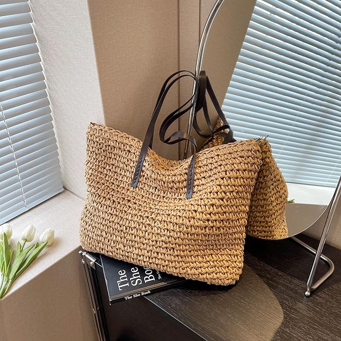 Large Straw Beach Bag for Womens, Straw Handbag Woven Tote Bag With Zipper Summer Shoulder Bag