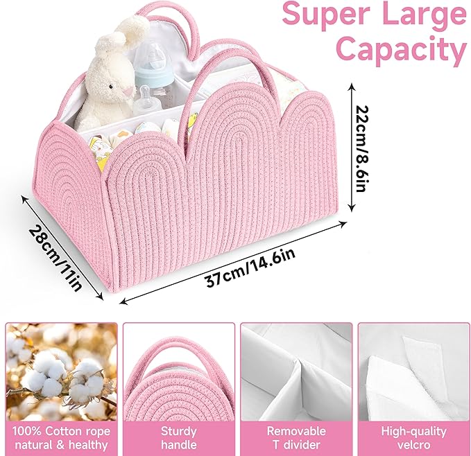 Diaper Basket Organizer - Cotton Pink Diaper Caddy Basket, Removable Diaper Storage Basket with Handle, Car Diaper Caddy, Boy & Girl Gift for Baby Shower and Registry Must-Pink