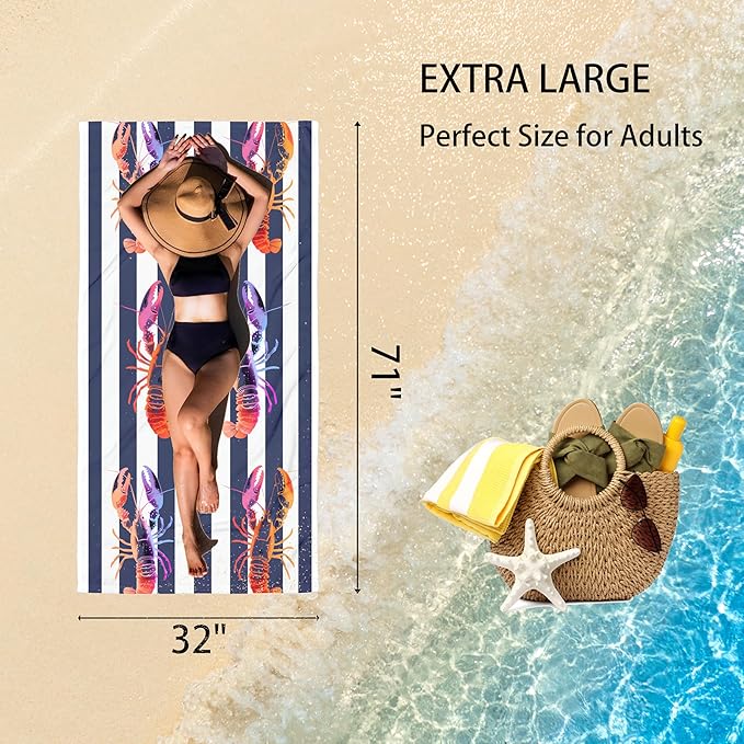 Pink Purple Lobst Oversized Sand Free Beach Towel – 71"X32" Lightweight Quick Dry Microfiber Terry Towel For Travel, Swimming, Pool, And Camping, Absorbent And Compact Beach Essential For Women Men
