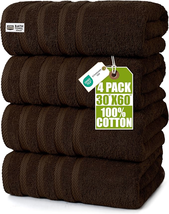 Utopia Towels 4 Pack Premium Extra Large Bath Towels Set, (30 x 60 Inches) 100% Ring Spun Cotton, Lightweight and Highly Absorbent Quick Drying Towels, Perfect for Daily Use (Dark Brown)