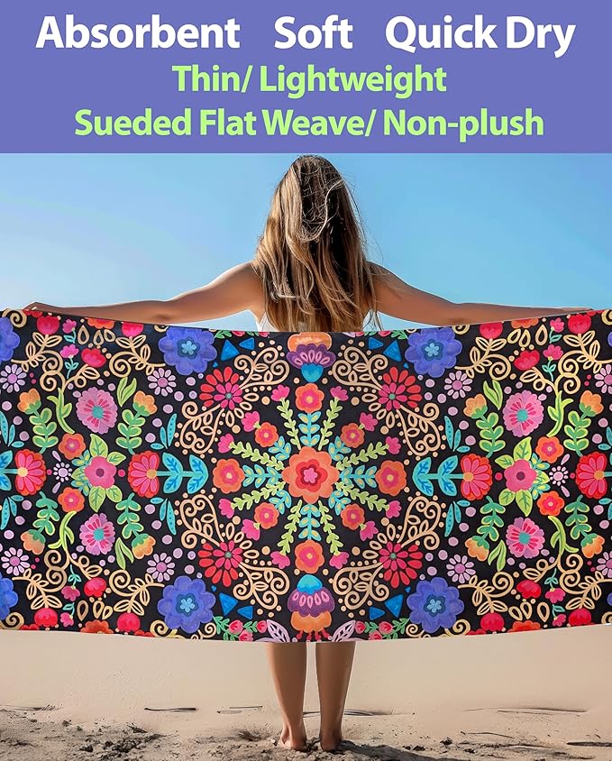Microfiber Beach Towel Oversized 71X32" Thin, Lightweight, Quick Dry Towel, Sand Free, High Absorbent, Compact, Pool, Swim, Gym, Camping, Cruise, Picnic, Travel Towel, Beach Blanket, Carry Bag, Boho