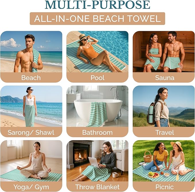 Casa Platino 39"x71" Lightweight Beach Towels, Pre-Washed Large Pool Towel, Quick Dry and Sand-Free Utility for Travel and Outdoors, Perfect for Camping, Resorts, or Seaside Escapes – Hunter Green