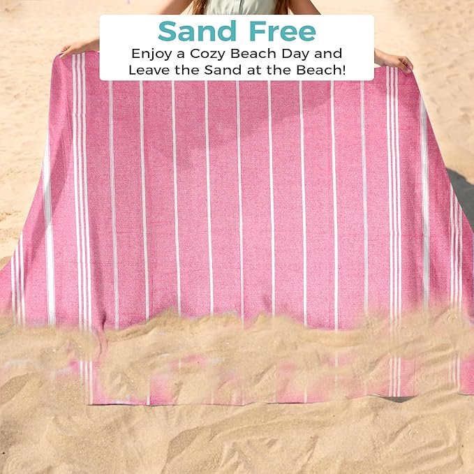 Turkish Beach Towel with Hidden Zipper Pocket 100% Cotton Oversized 72 x 37 Inches Quick Dry Sand Free Lightweight Compact for Beach, Pool, Travel, Bath, and Yoga (Light Pink)