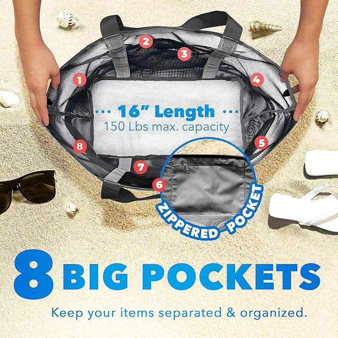 Dejaroo Mesh Sand Free Bag - Strong Lightweight Bag For Beach & Vacation Essentials. Tons of Storage!