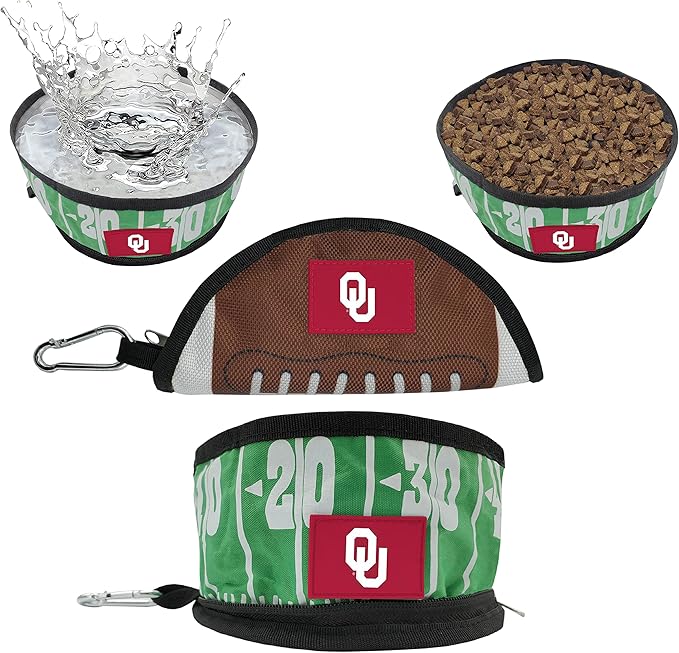 Pets First NCAA Oklahoma Sooners Collapsible Dog Travel Bowl, Food and Water Bowl for Dogs & Cats. Lightweight Leak-Proof Pet Bowl for Travel with Football Field & Pebble-Grain Design