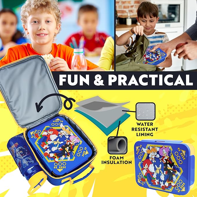 Get Trend Sonic the Hedgehog Lunch Bag, Lunch Box, Water Bottle for Kids 3 Piece Set Bento Box, Insulated Snack Container, Shadow Gifts for Kids (Multi Sonic)