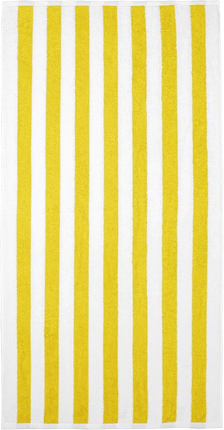 Amazon Basics 100% Cotton Beach Towel, Soft & Absorbent, Fast Drying, Cabana Stripe, Large 30" x 60", Yellow, 2-Pack