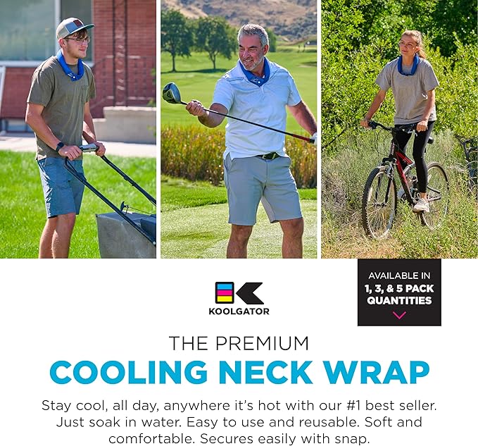 KOOLGATOR Evaporative Cooling Neck Wrap – Reusable Neck Cooler with Long Lasting Relief During Hot Weather Activities, Sports, & Outdoor Work, Flames: Blue & Red, 3 Pack