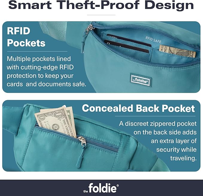 The Foldie Foldable Crossbody Bags for Women & Men - Anti-Theft RFID-Safe Fanny Pack with Smart Lockable Zippers and Cut-Resistant Strap - Lightweight Waist Pack for Travel & Everyday Use - Teal